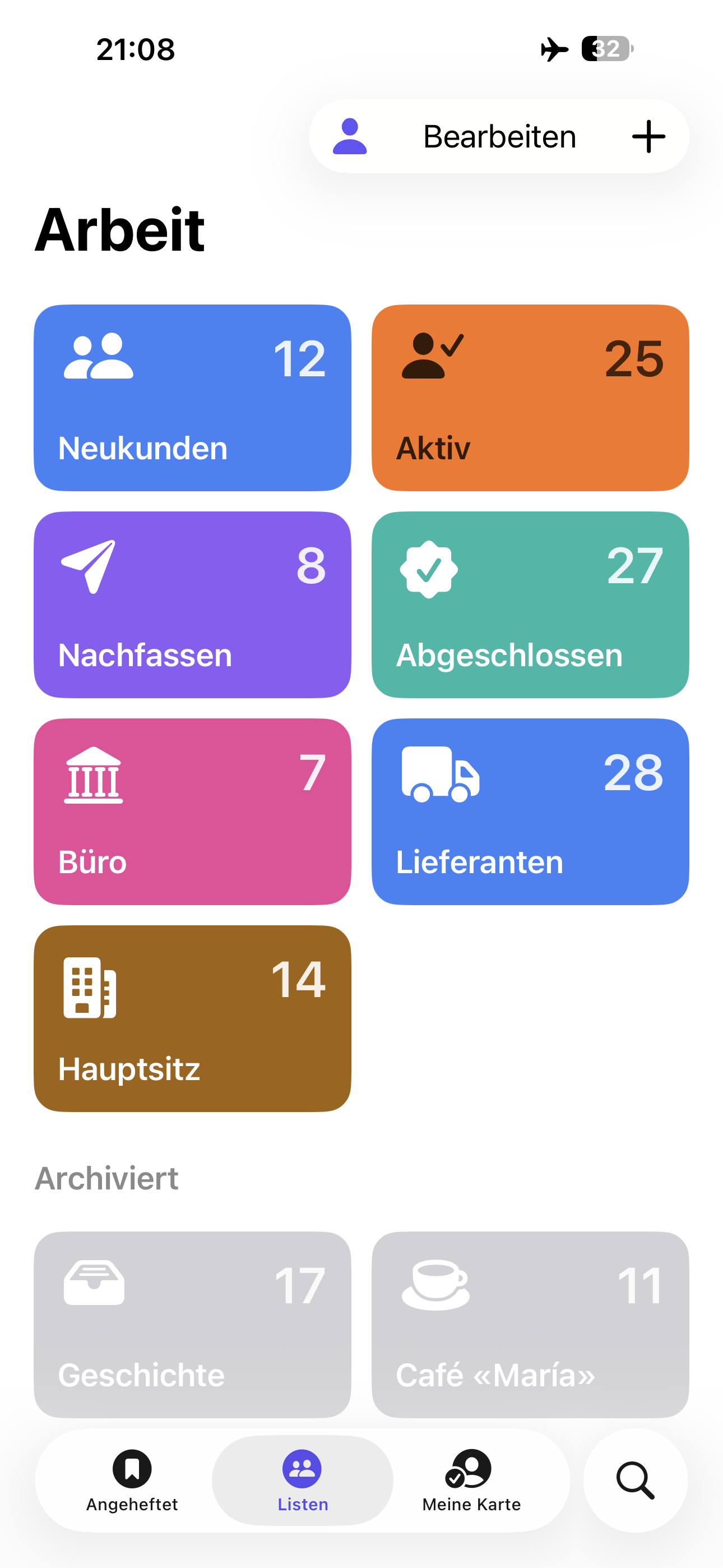 Kinnavo Arbeitslisten-Bildschirm für Kundenbetreuung