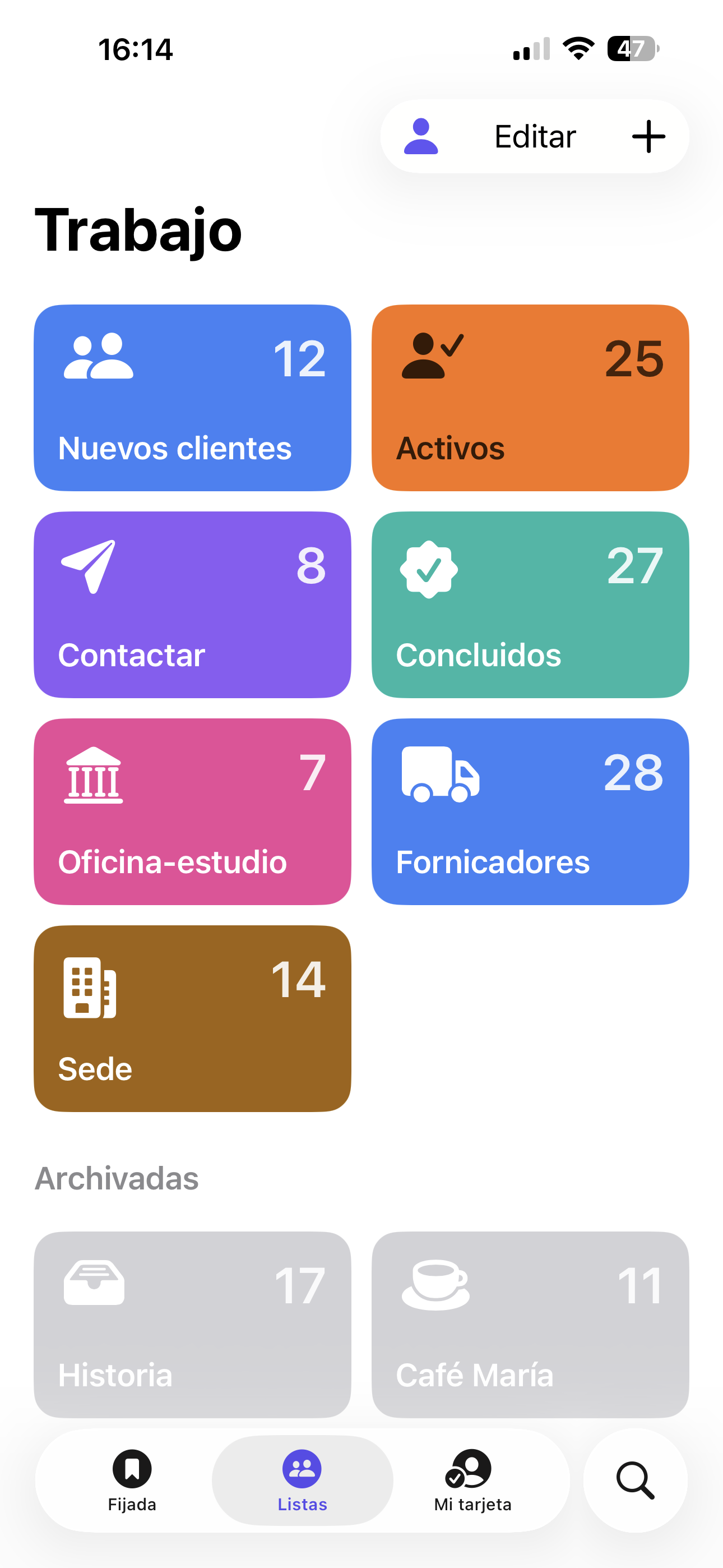 Pantalla de listas de trabajo para atención a clientes en Kinnavo