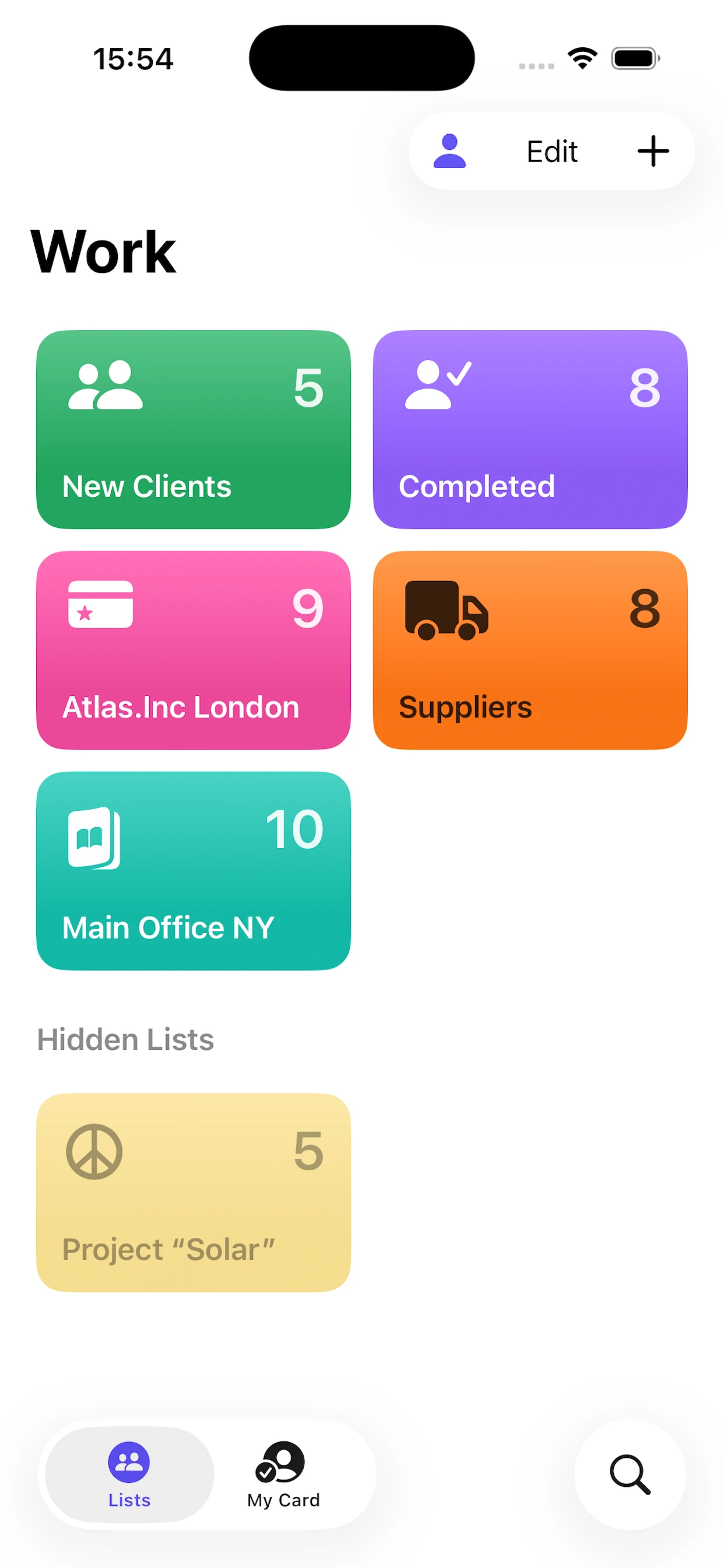 Kinnavo Work Section with smart lists for clients and for projects